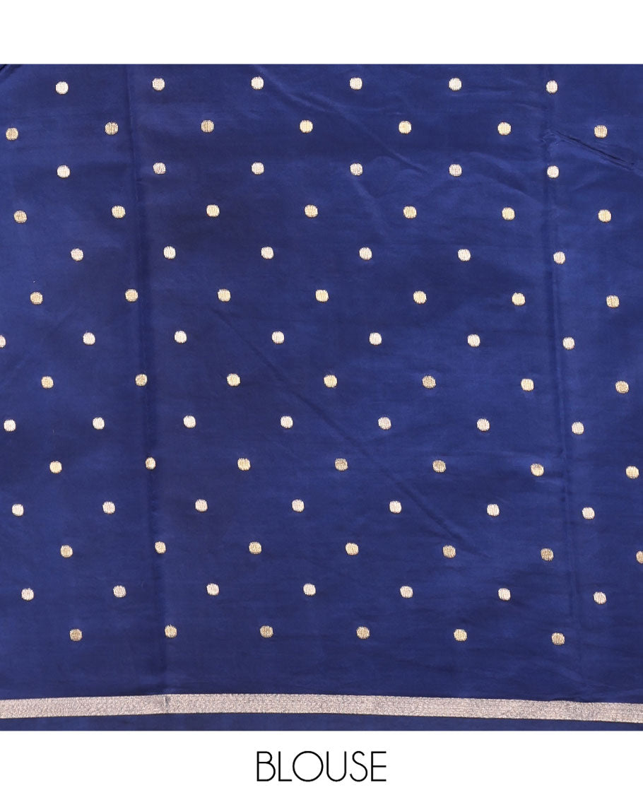Blue Dupion Silk Saree Features Half-And-Half and Zari Buttas, and Checks, Complemented by a Contrast Traditional Zari Border, Zari Striped Pallu, and a Contrast Blouse