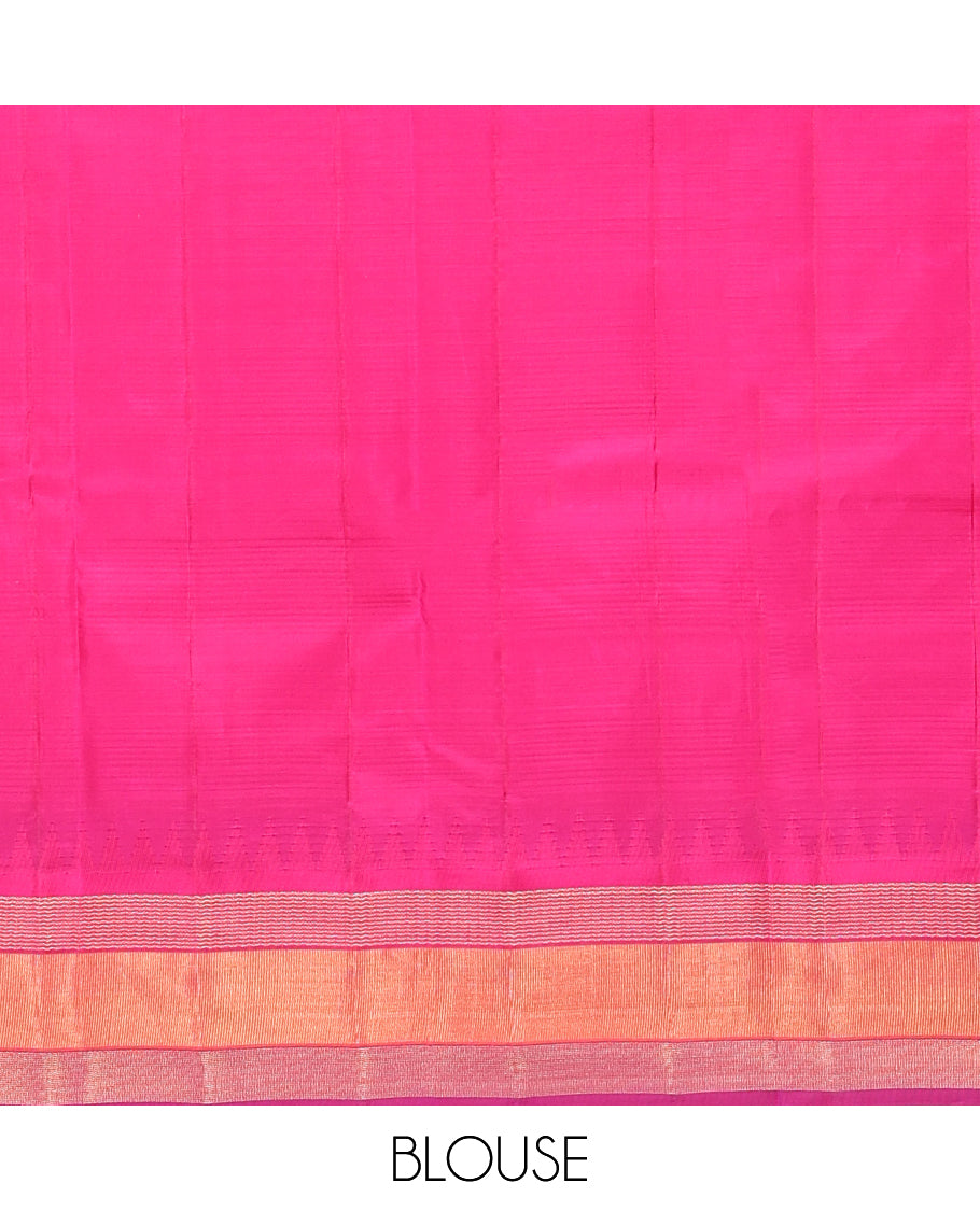 Off-White Plain Bangalore Silk Saree, Complemented by a Contrast Temple Ganga-Jamuna Border, Temple Pallu, and a Contrast Blouse