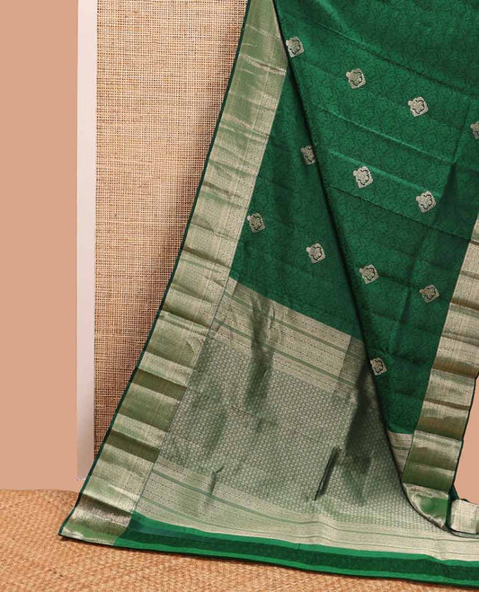 Bottle green floral jacquard kancheepuram silk saree with self floral design border & jaal design pallu