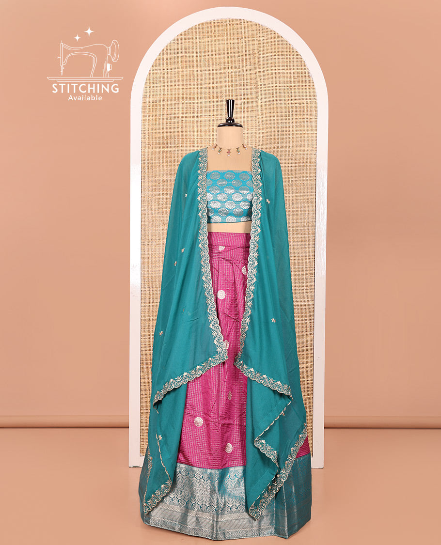 Pink and Blue Banarasi Silk Half-Saree Featuring Micro-Checks and Chakram Buttas Woven Skirt, Complemented by Contrast Traditional Zari Design Border, Paired with a Jacquard Blouse, and a Rangoli Georgette Embroidered Dhavani