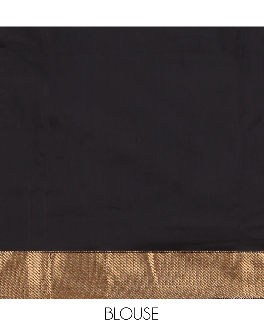 Black Maheshwari Cotton Saree, Accentuated with Buttas, Highlighted by a Traditional Zari Border, Pallu Gleamed Up with Zari Buttas,  and a Matching Blouse