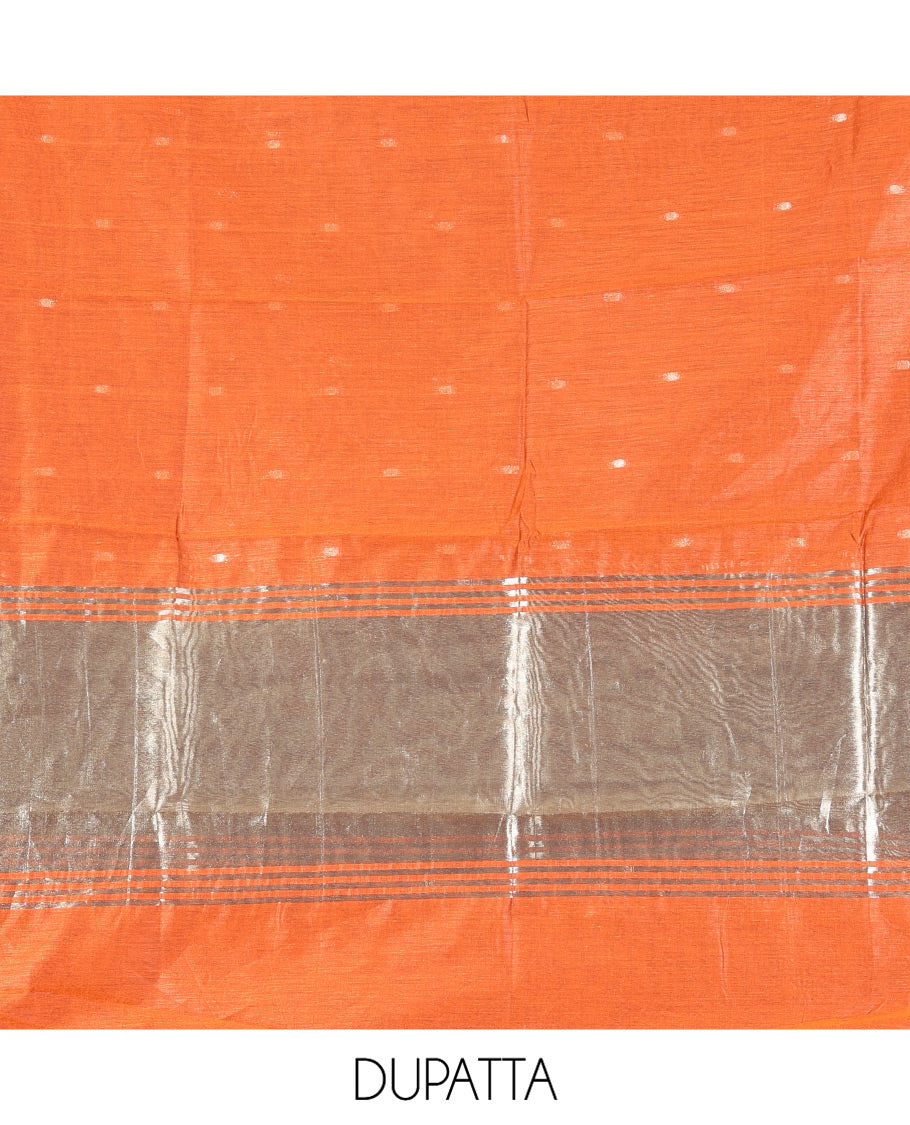 Rust Banarasi Chanderi Material Churidar, Prettified with Buttas Top, a Plain Bottom, and a Matching Dupatta