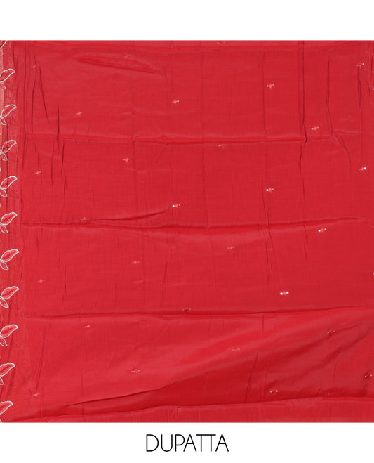 Maroon Mul Chanderi Material Churidar Features a Floral Outline Embroidered Top, a Santoon Bottom, a Scallop Threadwork Dupatta