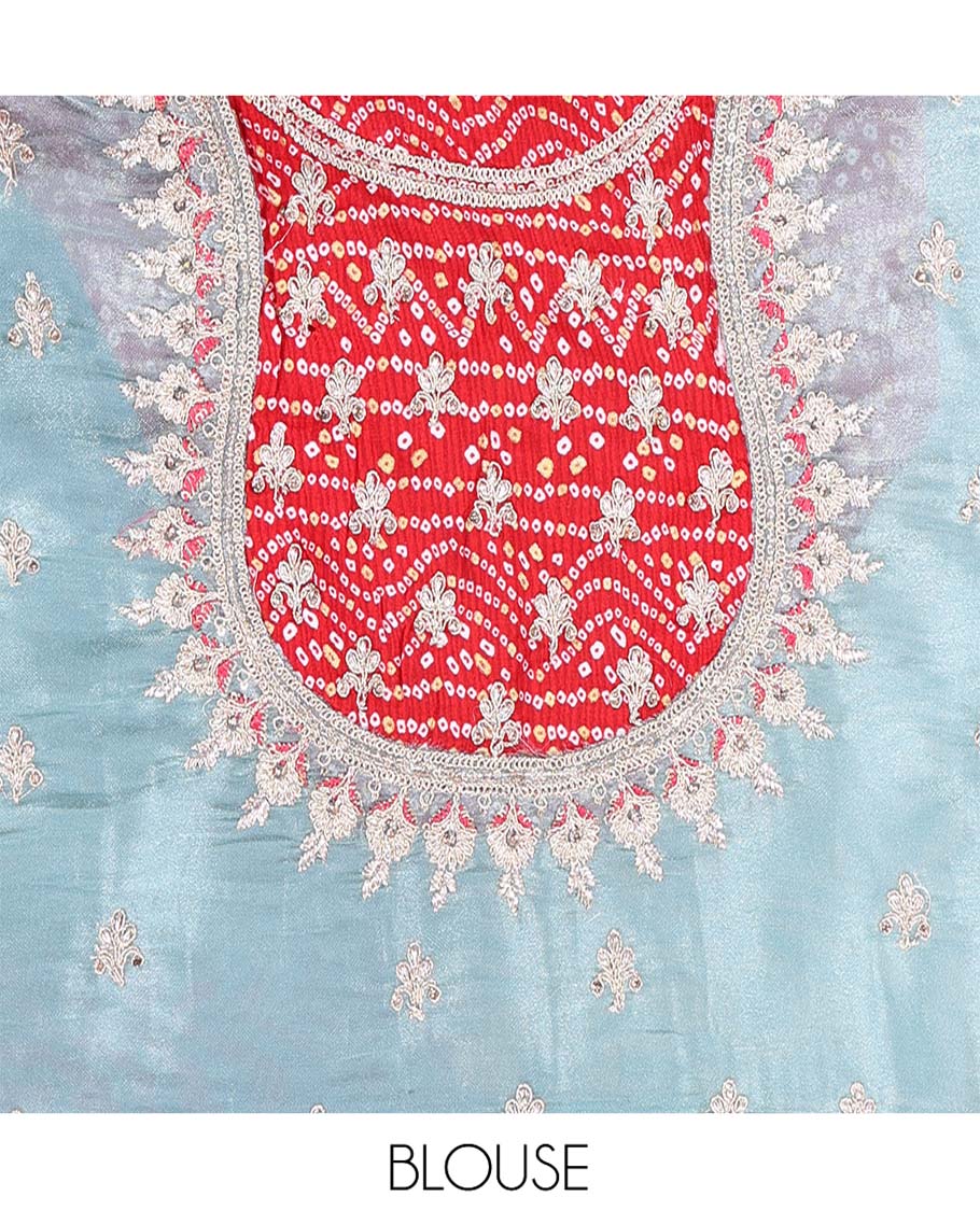 Blue Designer Saree, Gleamed with Stone Work Across Its Body, Complemented by a Contrast Scallop Patch-Embroidered Border, a Self Pallu, and Paired with Matching Blouse Featuring Embroidery and Bandhani Dots