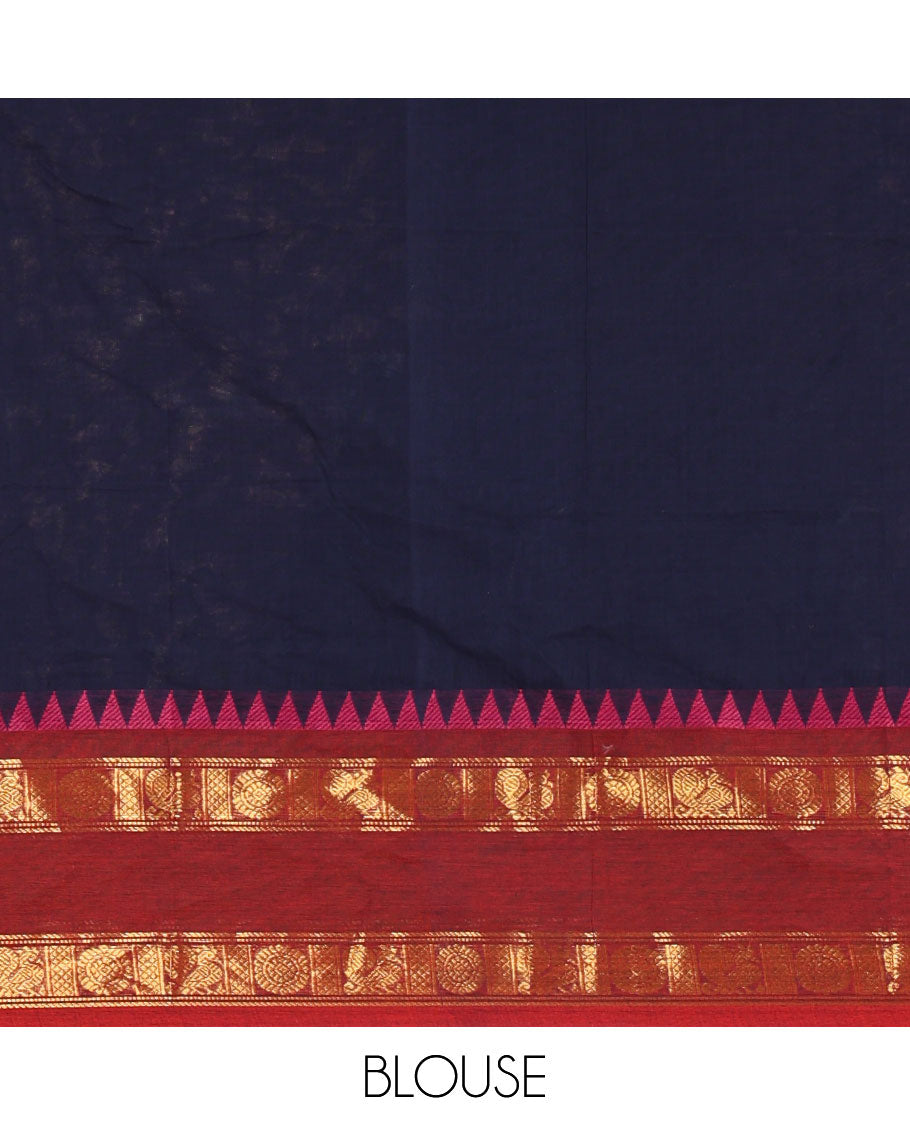 Navy blue plain chettinad cotton saree , ganga jamuna rettai pettu border , lining pallu with tussels