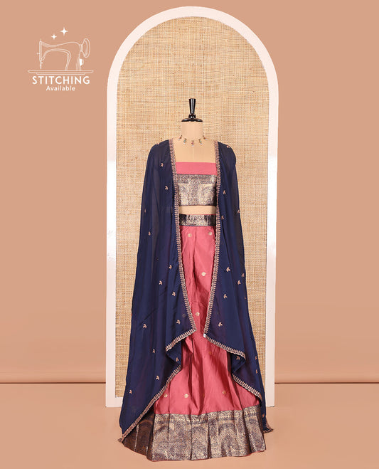 Pink and Blue Semi-Banarasi Half-Saree, Delicately Decked up with Zari Buttas on Its Skirt, Complemented by a Contrast Geometric Patterns Zari Woven Border, Paired with a Matching Blouse, and a Contrast Satin Georgette Embroidered Scallop Dhavani