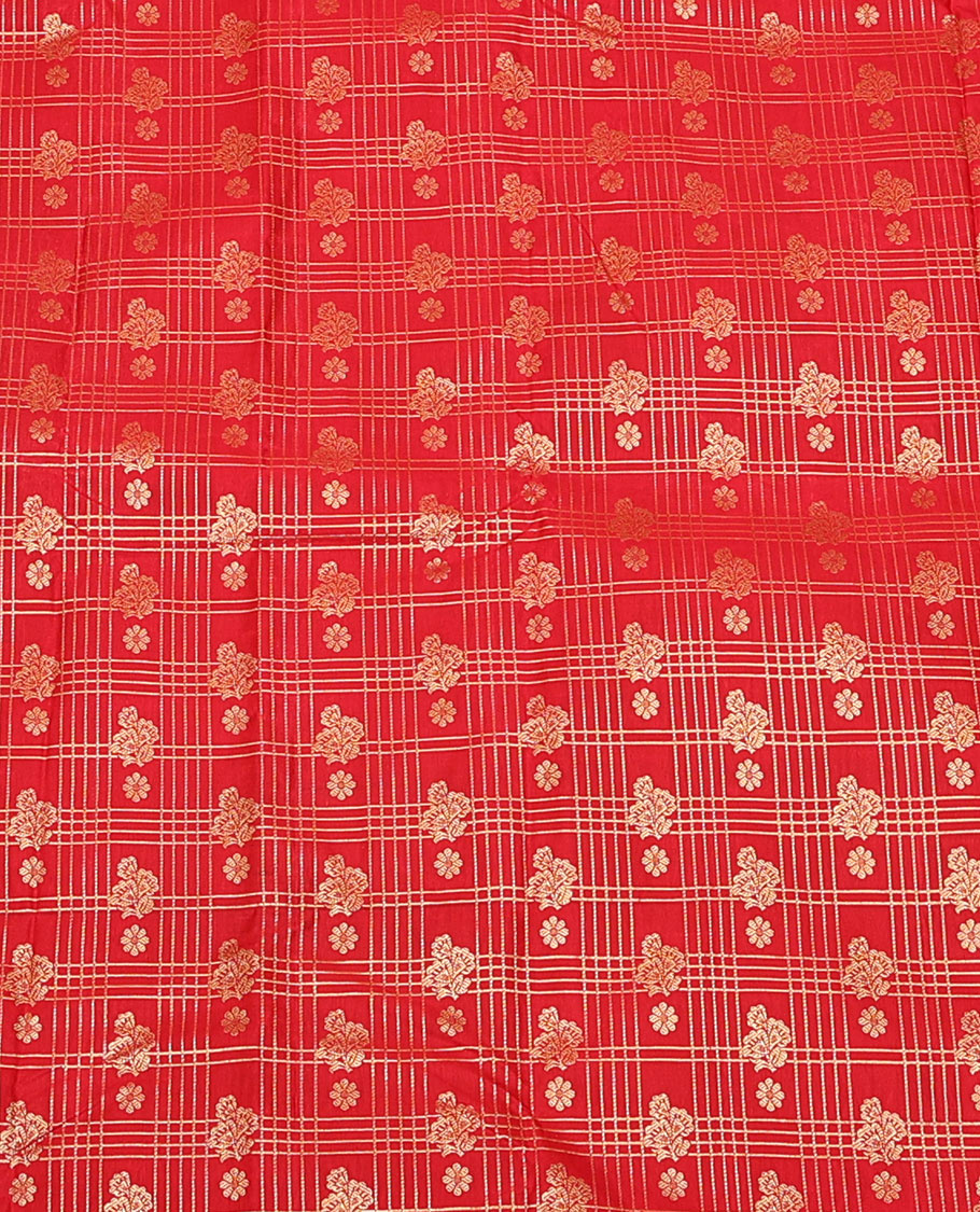 Red Art Silk Material Half Saree Set, Spotlighted with Zari Design Skirt, a Contrast Traditional Zari Design Border, Contrast Blouse, and an Intricate Dhavani