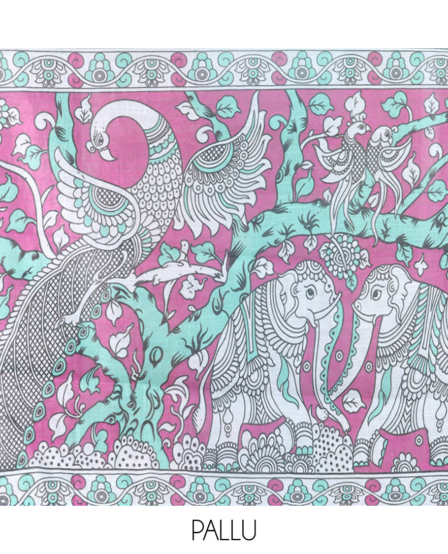 Sea Green Linen Cotton Saree Features Kalamkari Human Figurines, a Piping Border, Kalamkari Pallu, Contrast Blouse
