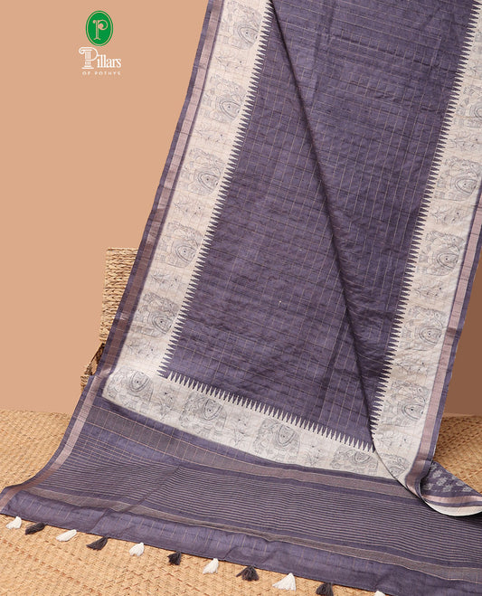 Violet all-over copper zari checks design semi tussar saree with floral, elepgant design, copper zari jacqaurd border & linnnin chip pallu along with self ajrackprinted checks blouse