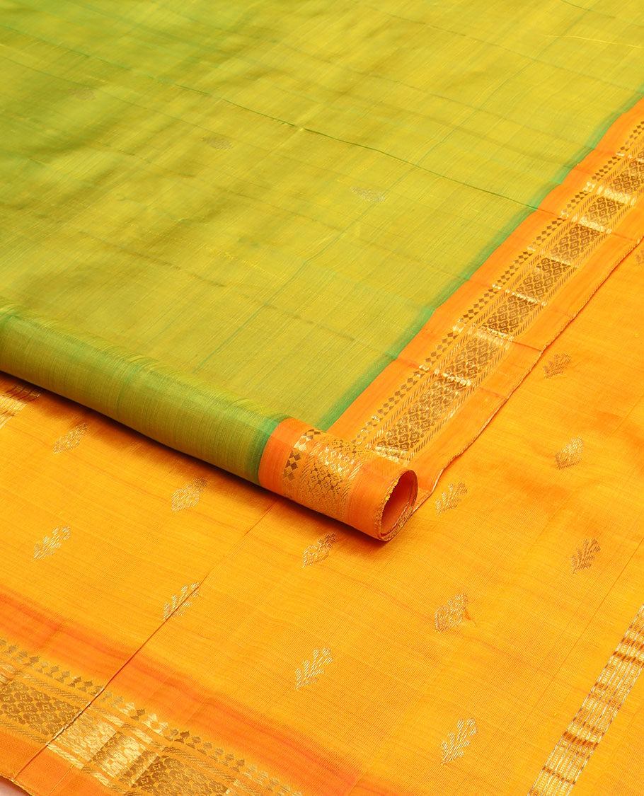 Green zari buttas Kanchipuram silk saree, contrast one-sided border of paneer sombu,banaras & jaal & zari design pallu