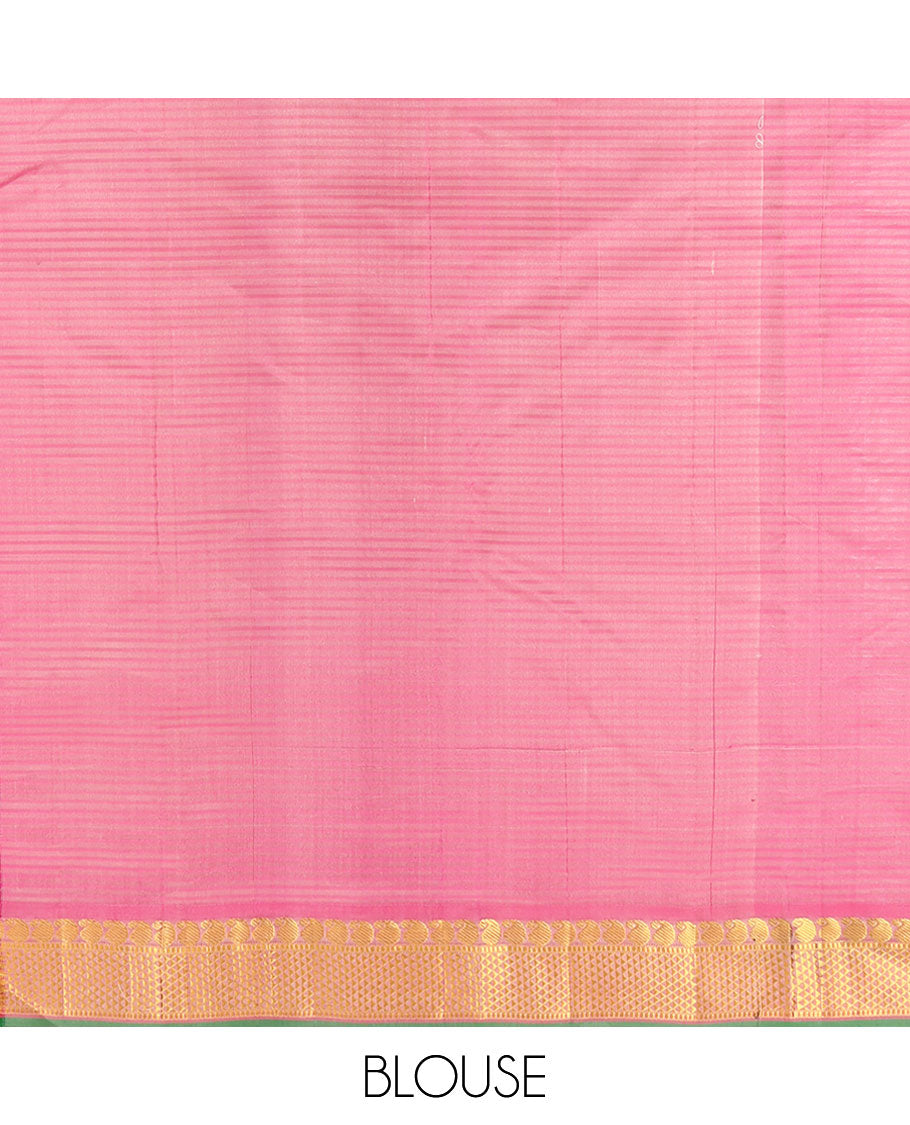 Sandal Vazhaipoo Striped Kanchipuram Silk Saree, Woven with Buttas, Complemented by a Contrast Border of Manga and Ara Maadam, Pallu of Ara Maadam Design, and Contrast Blouse