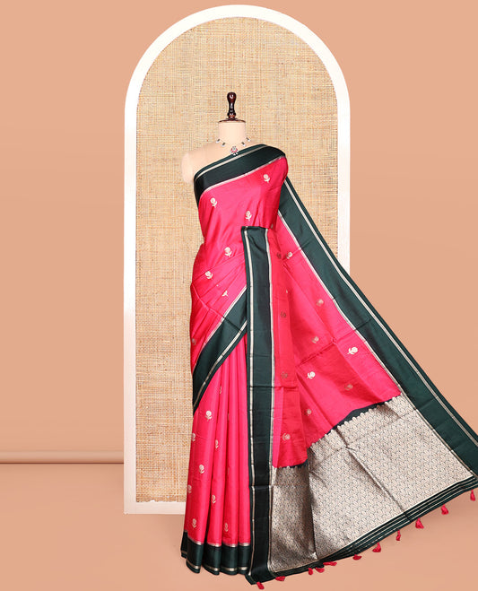 Pink Satin Silk Saree, Bedecked with Floral Buttas, Complemented by a Contrast Border, Intricately Designed Pallu, and a Contrast Blouse