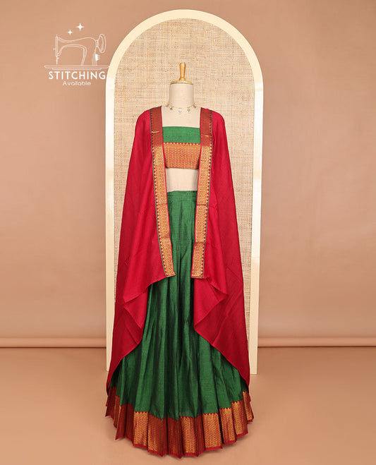 Green cotton half saree with self zari design border, zari design blouse & plain, temple, checked design border dhavani