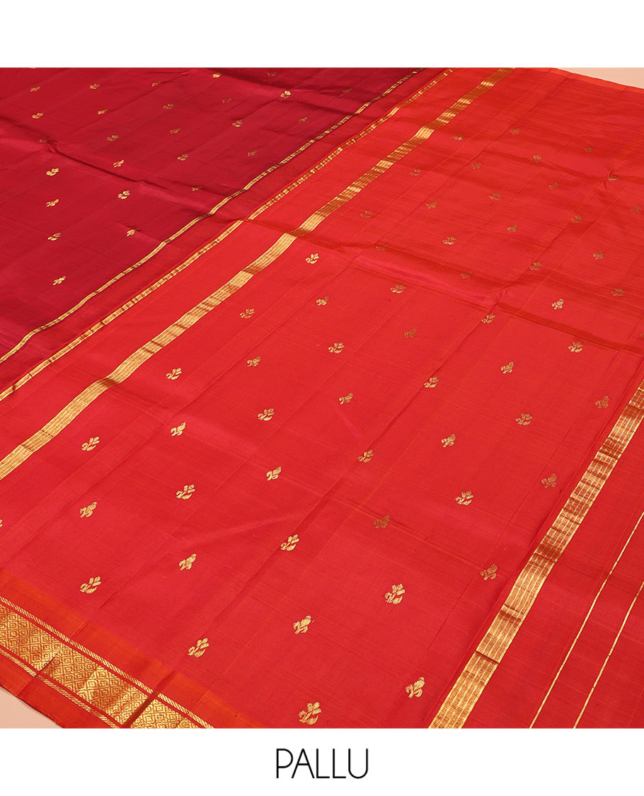 Red Kanchipuram Silk Saree Features Buttas, a Contrast One-Sided Border of Banaras, and Mayil Kann Designs, Zari Design Pallu, and No Blouse
