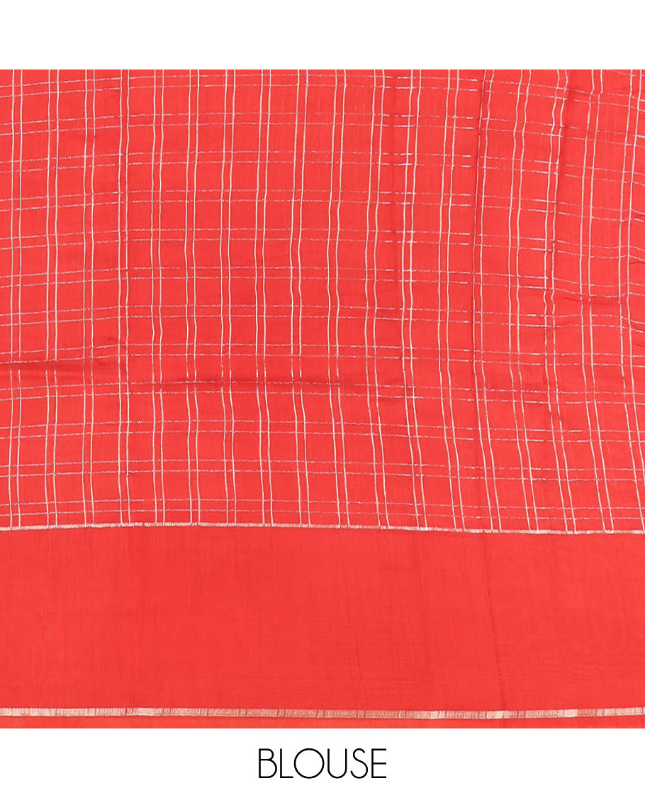White Assam Silk Saree, Decked Up with Zari Checks, Complemented by Contrast Zari Border,  Zari Woven Pallu, and Contrast Blouse