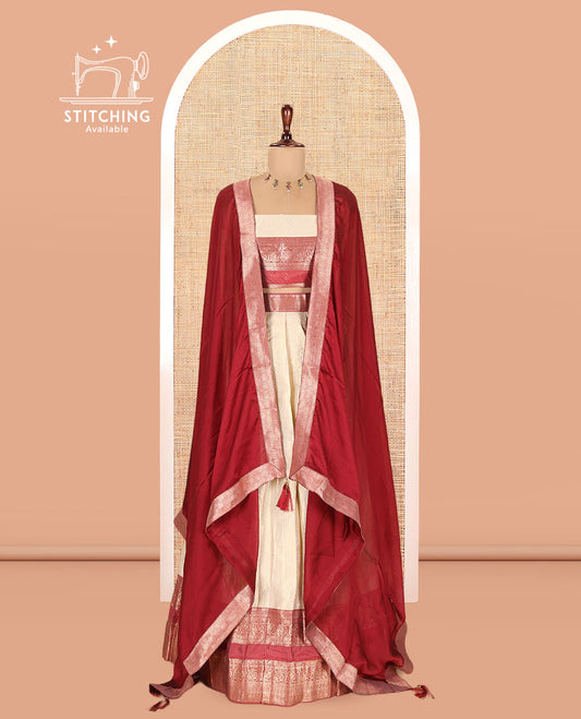 Cream-Maroon Semi-Silk Half-Saree
