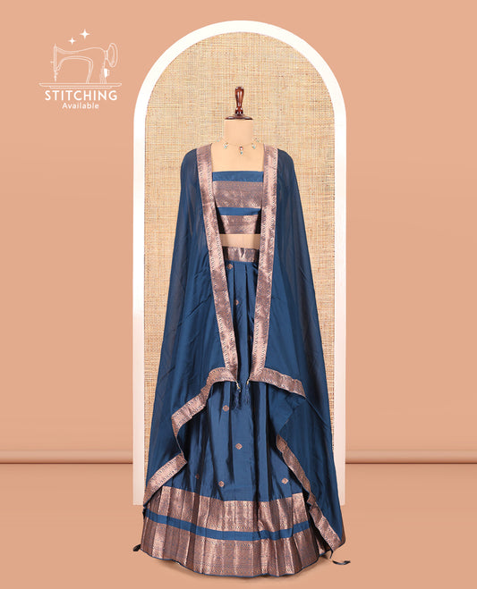 Peacock Blue Semi-Silk Half-Saree, Enriched with Zari Buttas Woven Skirt, a Rettai Pettu Traditional Border, a Matching Blouse, and Dhavani