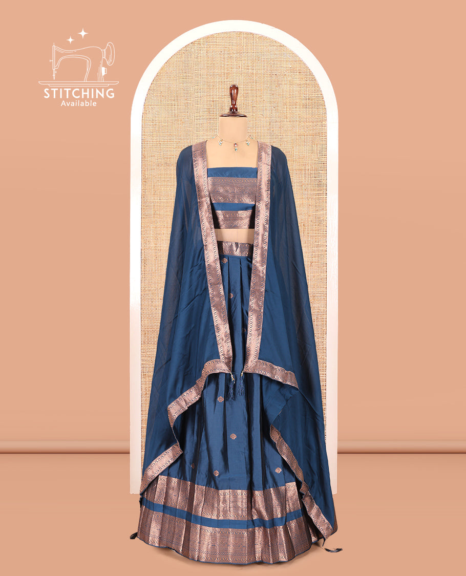 Peacock Blue Semi-Silk Half-Saree, Enriched with Zari Buttas Woven Skirt, a Rettai Pettu Traditional Border, a Matching Blouse, and Dhavani