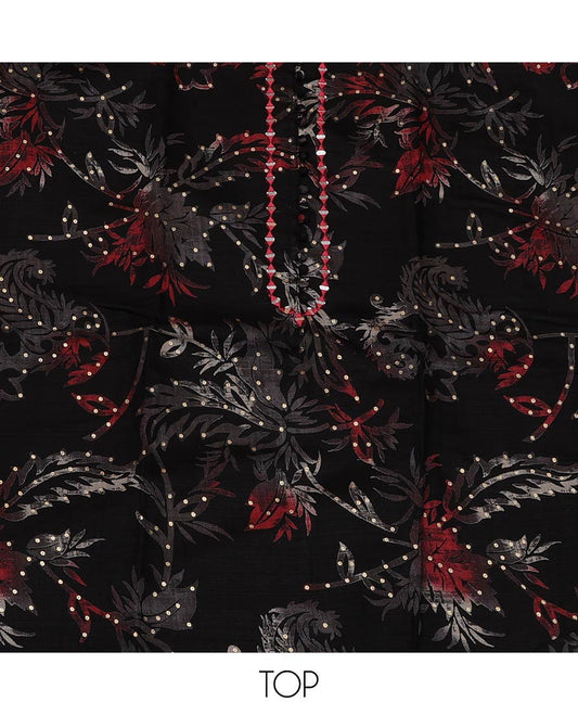 Black Material Chudidar Set, Beautified with Leaf-Floral Printed Rayon Top, Captivating Contrast Plain Rayon Bottom, and Paired with Leaf-Floral Printed Chanderi Silk Dupatta