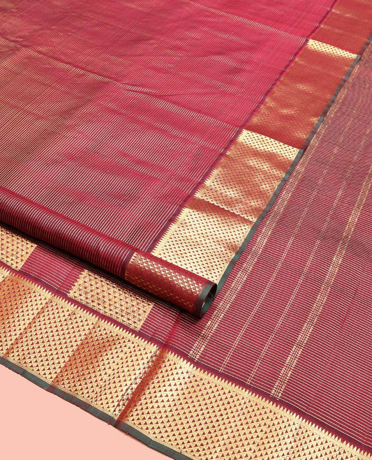 Maroon Nine-Yard Silk Saree, Mesmerized with Zari Stripes, Zari Border of Rekku, and Ara Maadam Designs, Pallu of Ara Maadam Designs, and No Blouse