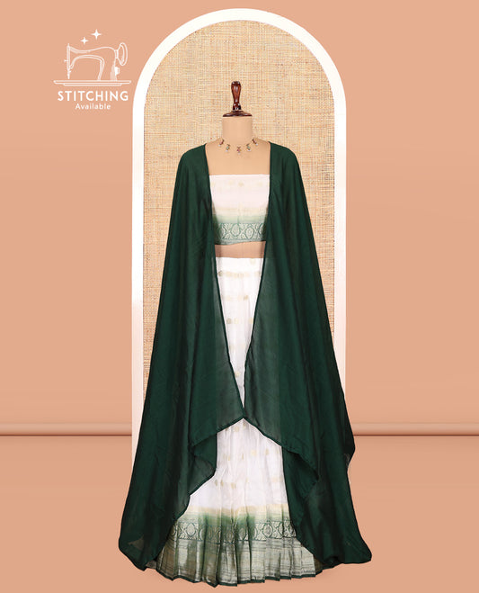 Cream-Green Organza Half-Saree Features Zari Buttas Skirt, Contrast Traditional Border, Matching Blouse, Contrast Dhavani