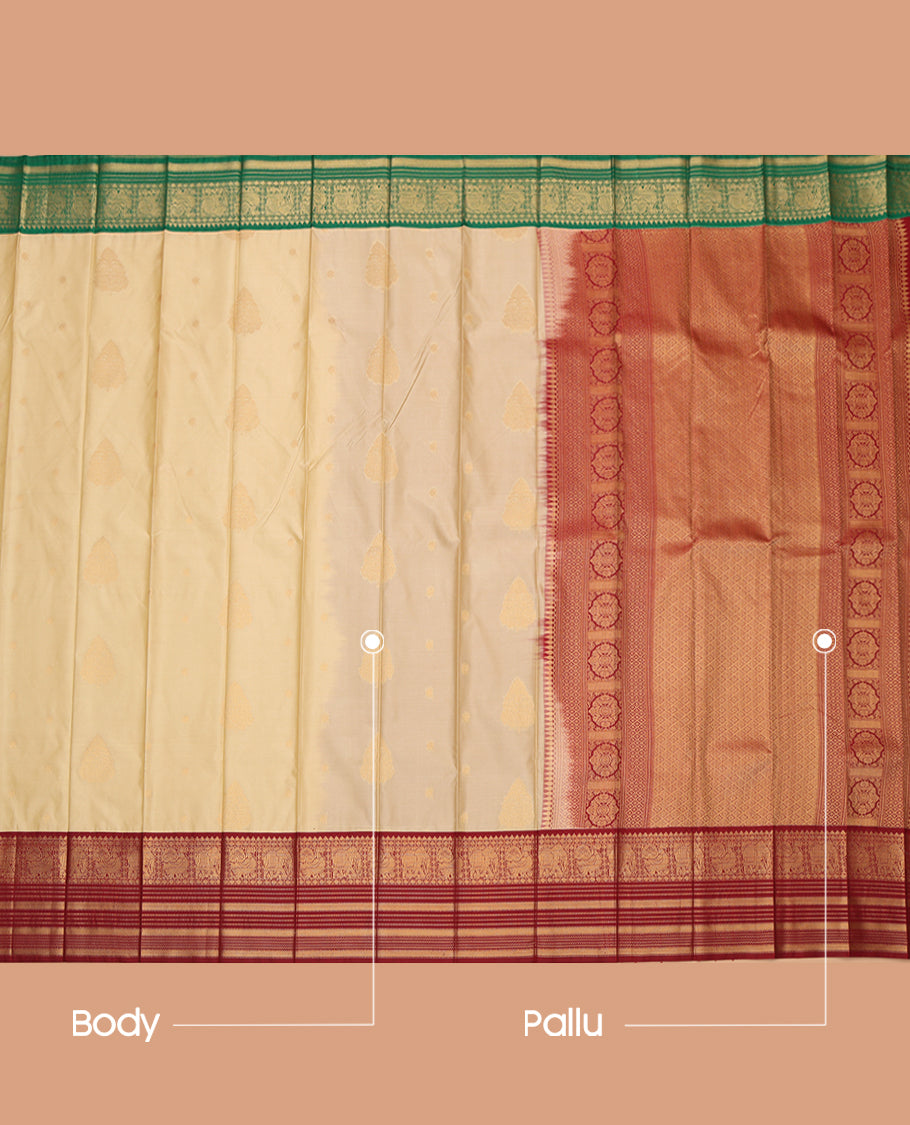 Sandal Budget Silk Saree, Accentuated with Zari Buttas, a Contrast Traditional Zari Ganga-Jamuna Border, Grand Pallu, and a Contrast Blouse