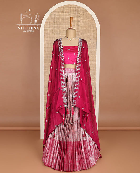 Red floral jacquard half saree with contrast intricate zari border, embroidered blouse & floral embroidery scallop border dhavani