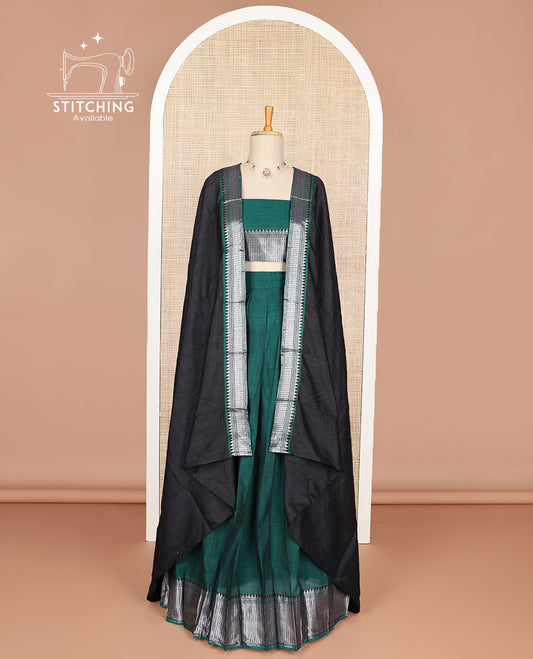 Green cotton half saree with contrast zari design border, zari design blouse & plain, zari design border dhavani