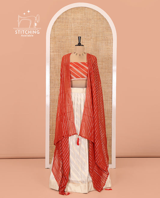 Cream-Rust Semi-Banarasi Half-Saree Features Leheriya Striped Skirt, Contrast Leheriya Striped Blouse, Georgette Striped Dhavani