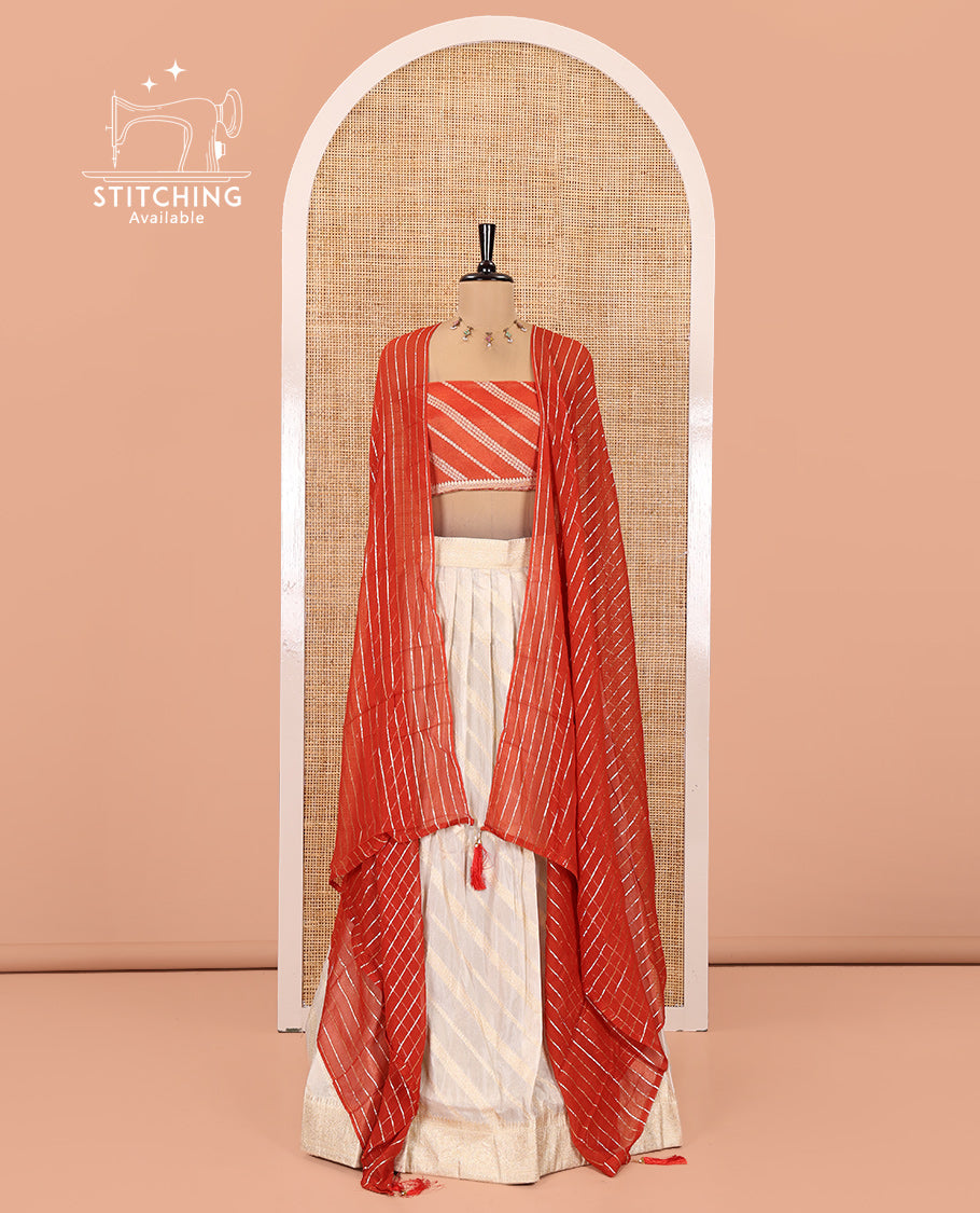 Cream-Rust Semi-Banarasi Half-Saree Features Leheriya Striped Skirt, Contrast Leheriya Striped Blouse, Georgette Striped Dhavani