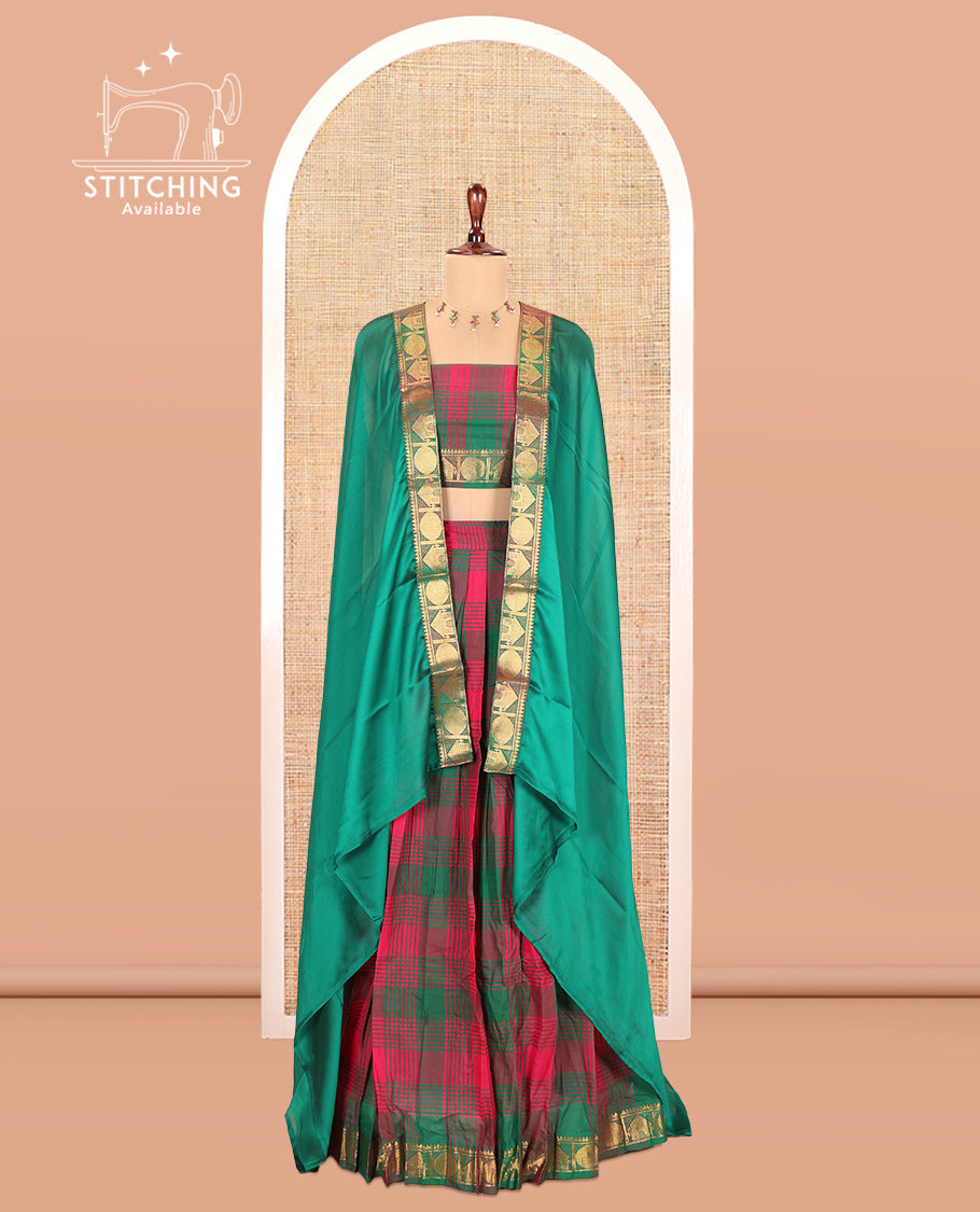 Multi-Color Checked Chettinad Cotton Half-Saree Features a House-Rudraksha Border, Matching Blouse, Contrast Dhavani