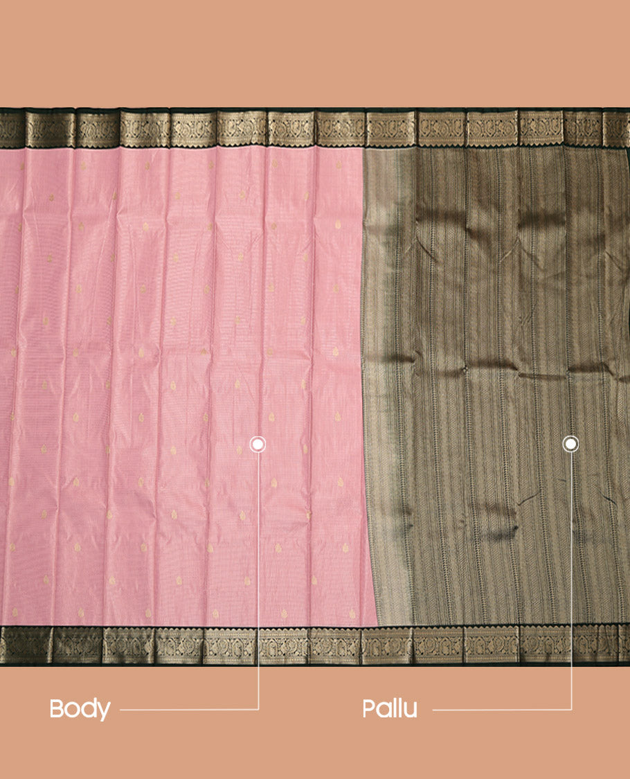 Pink Budget Silk Saree, Prettified with Zari Buttas and Checks, Complemented by Contrast Traditional Zari Border, Geometric Pallu, and a Contrast Blouse