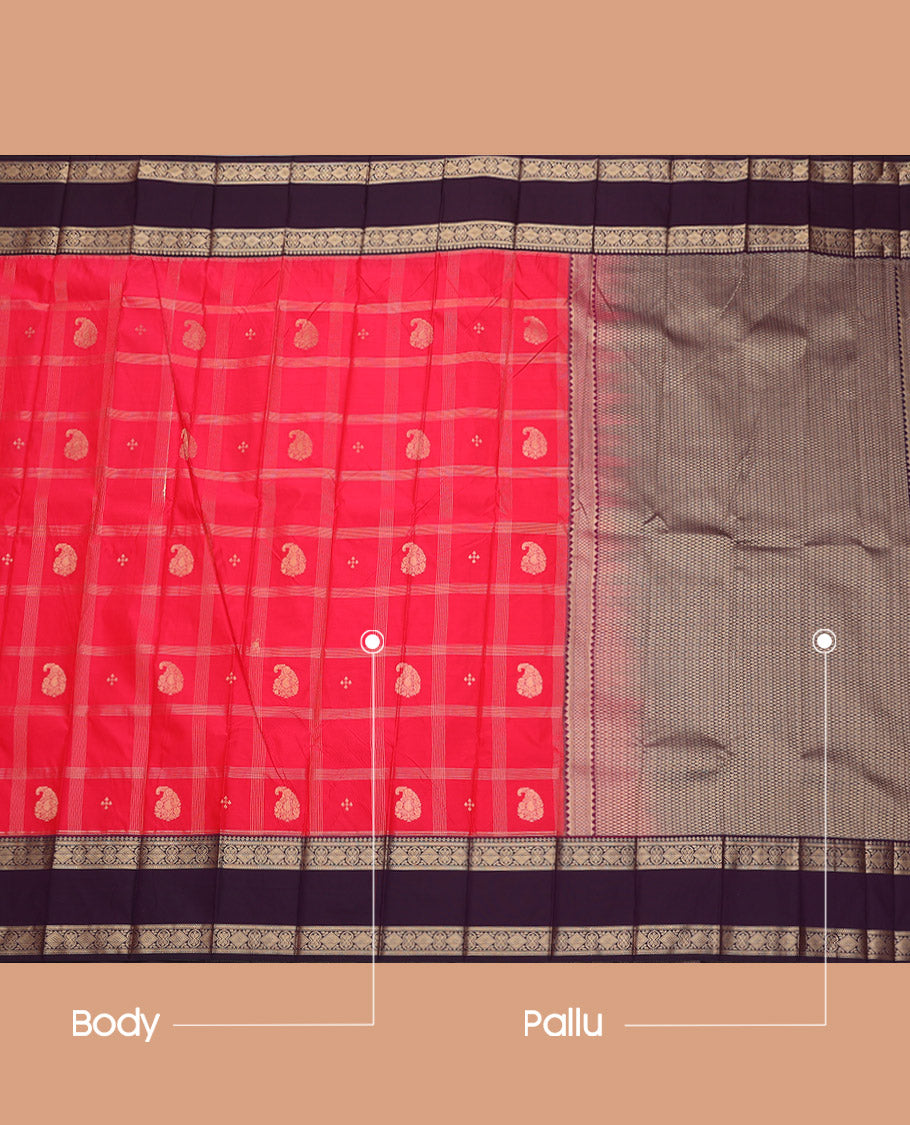 Pink Budget Silk Saree, Detailed with Zari Butta Enclosed Checks, Complemented by a Contrast Traditional Zari Rettai Pettu Border, Grand Pallu, and a Contrast Blouse