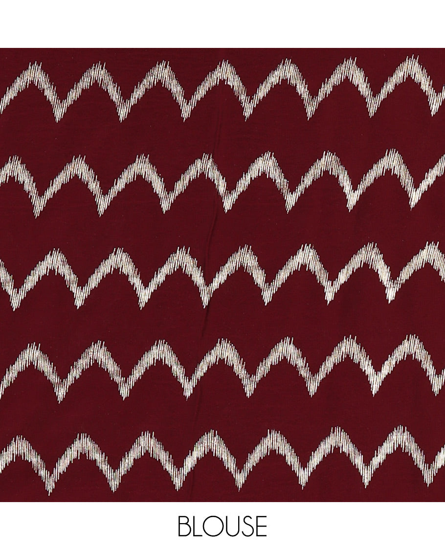 Borderless maroon zig-zag stripes foil printed rangoli saree, running blouse