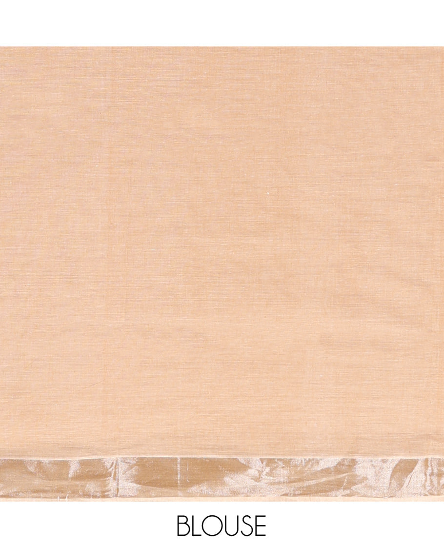 Pale Brown Kerala Cotton Saree, Showcasing with Thread and Zari Buttas All Over Its Body, a Zari Bavanji Border, Pallu of Paisley Designs, and Paired with a Matching Blouse