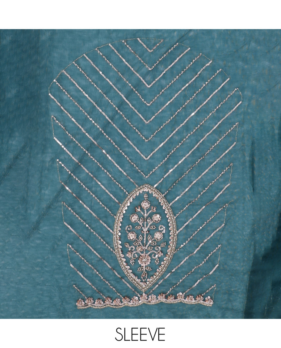 Teal Blue Zig-Zag Sequin Striped Net Designer Saree with a Matching Blouse