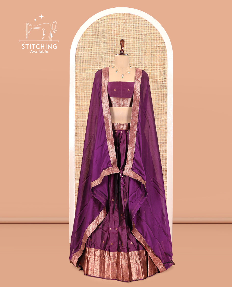 Dark Purple Semi-Silk Half-Saree, Elevated with Zari Buttas Skirt, a Matching Blouse, and a Zari Design Dhavani
