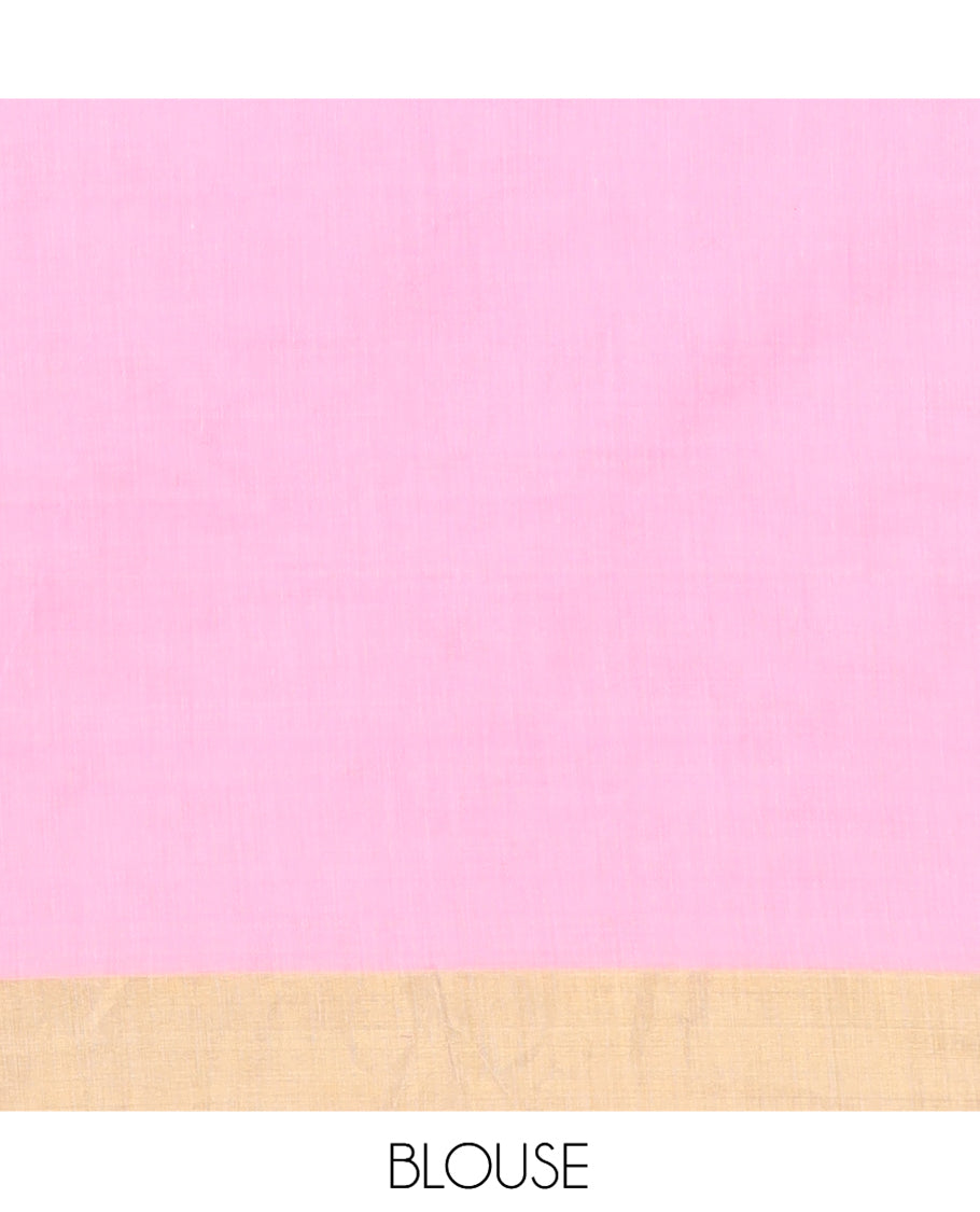 Pink Half-And-Half-Style Plain Khadi Mul Cotton Saree, a Zari Border, a Self-Pallu, and a Matching Blouse