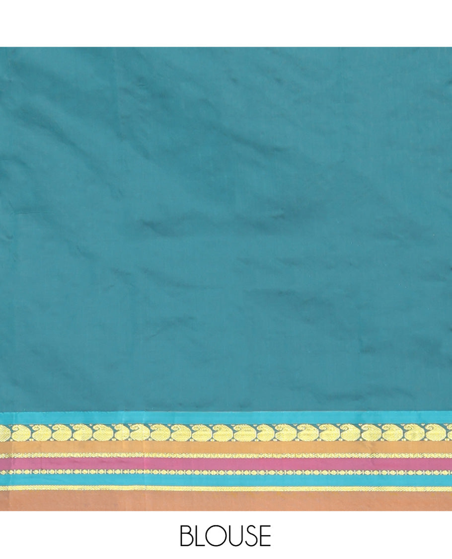 Navy Blue Plain Aarani Gift Saree, Complemented by a Contrast Traditional Design Temple Border, Captivating Contrast Pallu of Stripes, and Paired with a Contrast Blouse