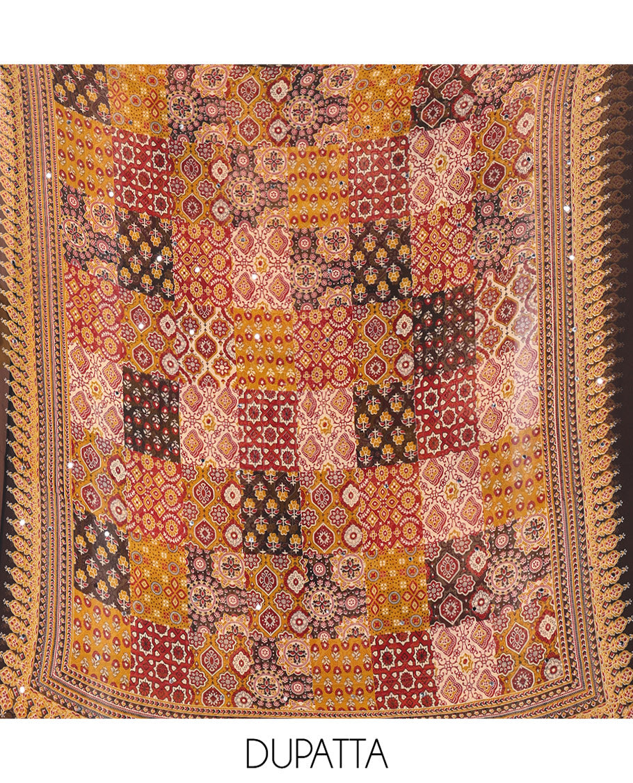 Yellow Material Chudidhar Set, Ornamented with Ajrakh-Style Print and Mirror Work Fox Georgette Top, Santoon Plain Bottom, and Georgette Dupatta of Ajrakh Print and Mirror Work