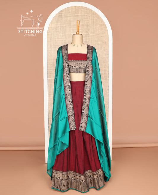 Red cotton half saree with contrast elephant design border,elephant design blouse & elephant design border dhavani