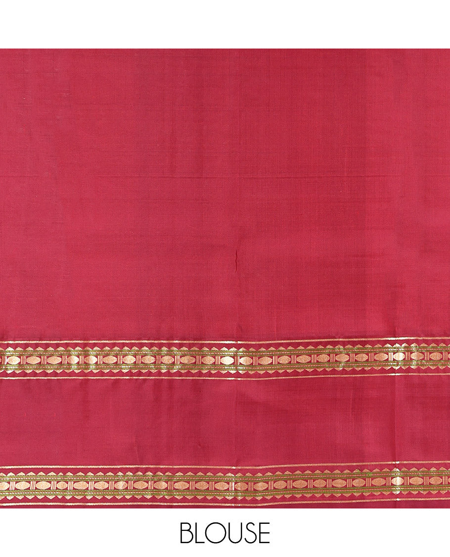 Orange Plain Kanchipuram Silk Saree, Complemented by a Contrast Rettai Pettu Border of Rekku, Muthu, and Poun Designs, Seppu Rekku Pallu, and a Contrast Blouse