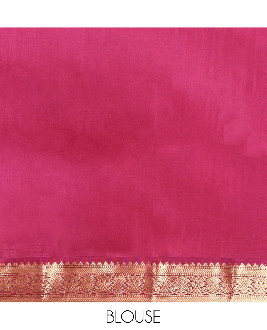 Light Turquoise Vasundhara Silk Saree, Sparsely Woven with Zari Buttas All Over Its Body, Complemented by a Contrast Border of Rekku, Muthu, Kathir, and Kodi Visiry Designs, Grand Jaal Pallu, and Paired with a Contrast Blouse