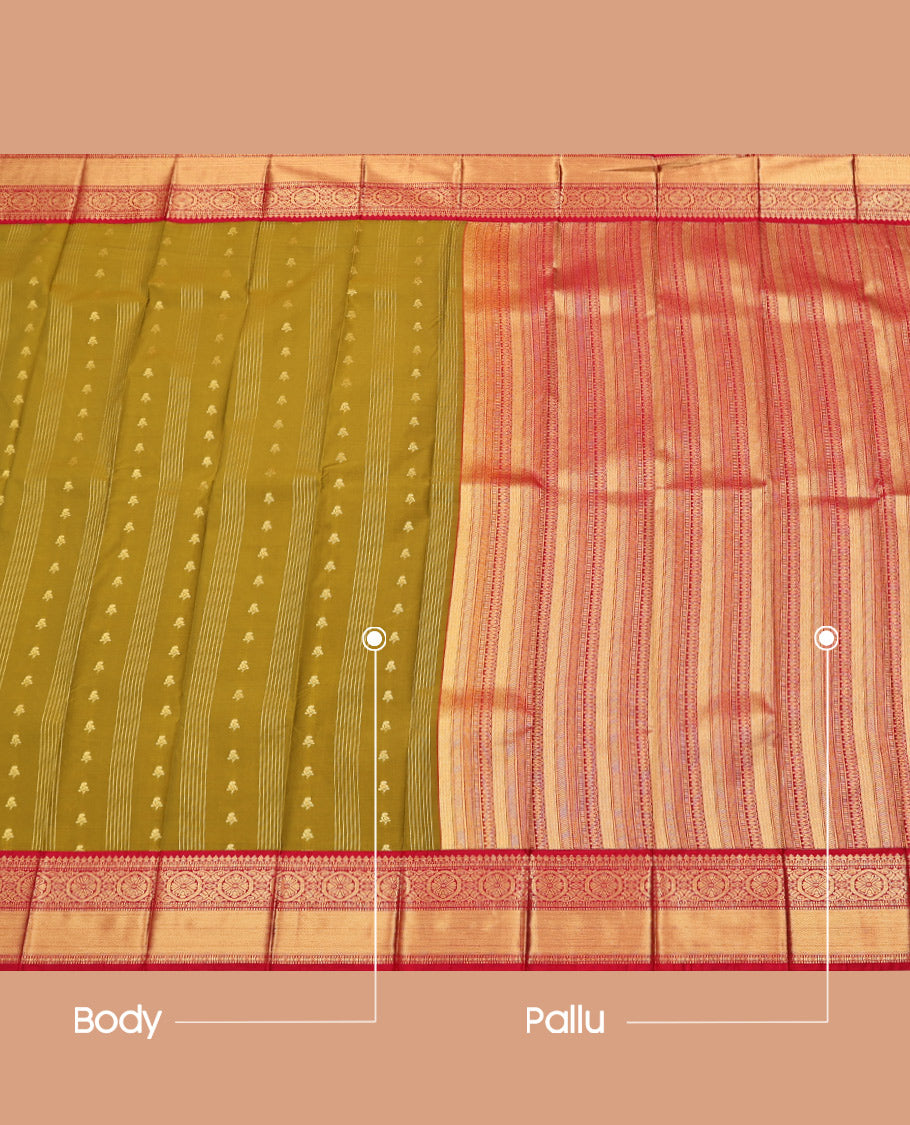 Green Budget Silk Saree, Detailed with Zari Buttas and Stripes on Its Body, Complemented by a Contrast Traditional Zari Design Border, Intricately Designed Pallu, and Paired with a Contrast Blouse