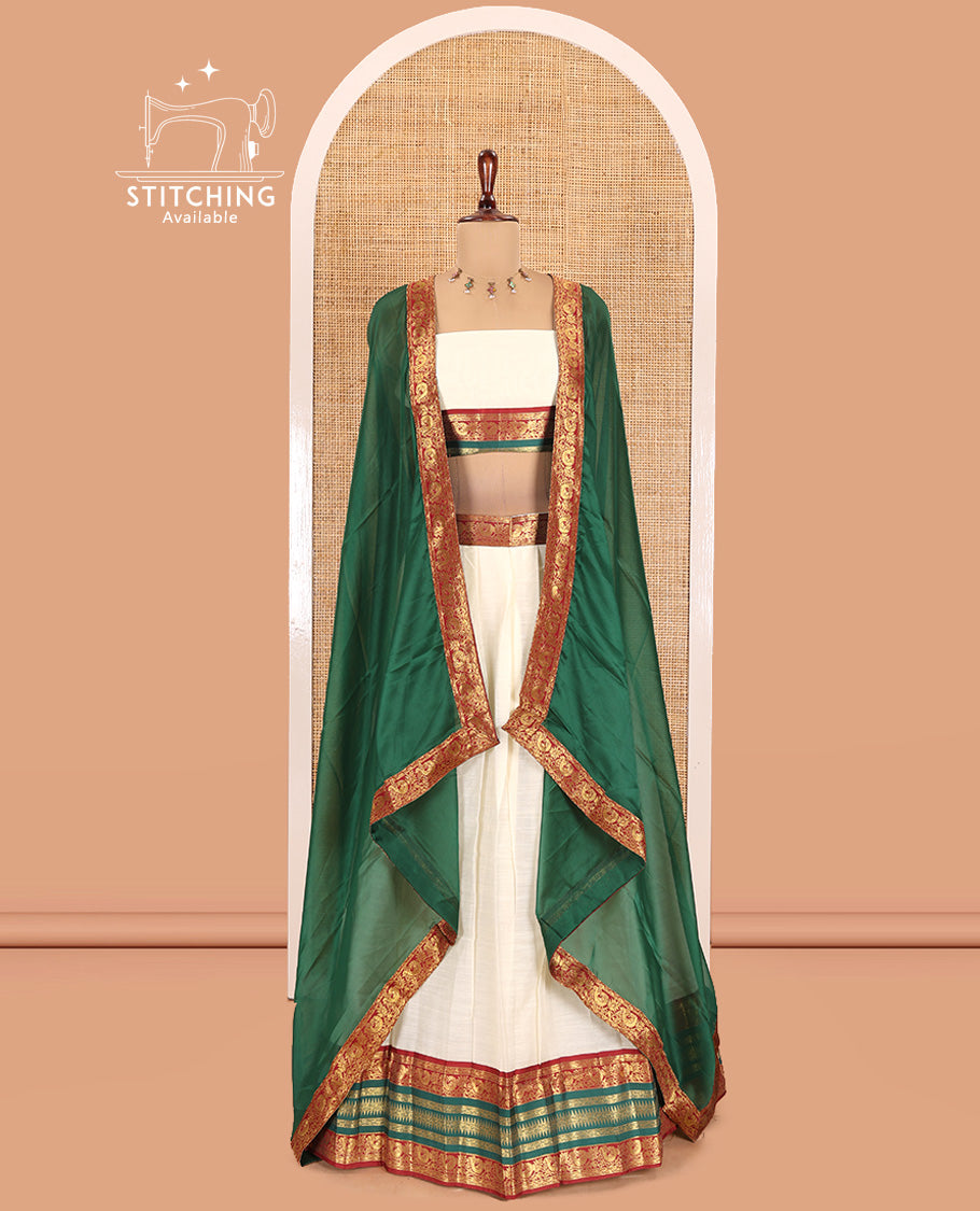 Cream-Green Semi-Silk Cotton Half-Saree