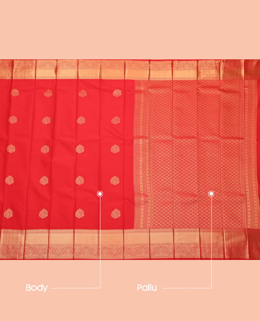 Red Budget Silk Saree, Spotlighted with Zari Buttas, Highlighted by a Traditional Zari Border, Intricate Pallu, and Matching Blouse