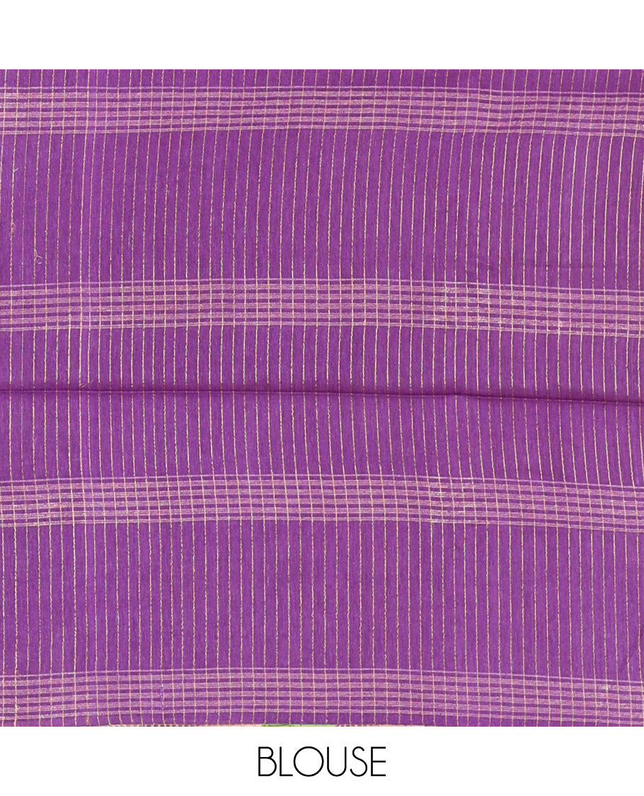 Borderless Purple Tussar Silk Saree, Delicately Woven with Zari Checked Design on Its Body, a Self-Pallu, and Paired with a Matching Blouse