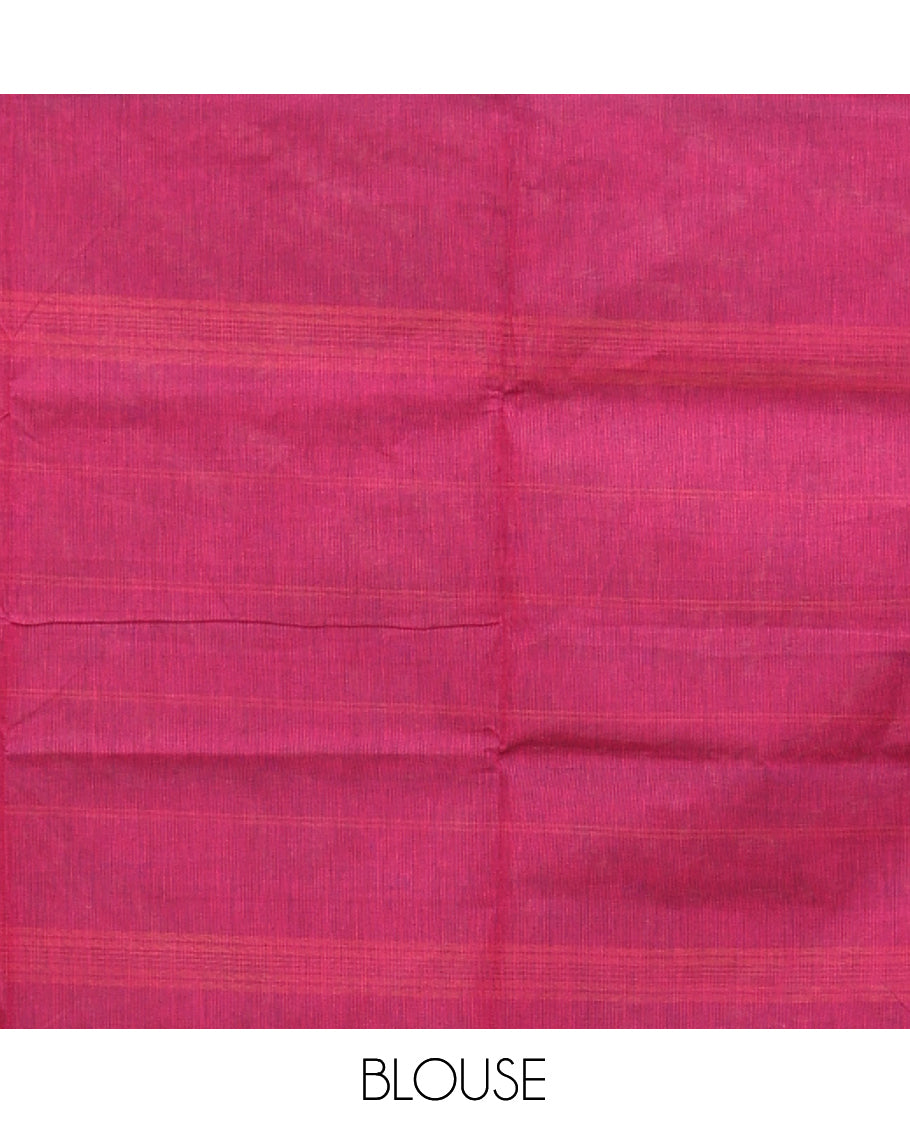 Pink Chettinad Cotton Saree, Steeped with Muniya Buttas On Its Body, Complemented by a Contrast Traditional Muniya Border, Pallu of Stripes, and Paired with a Matching Blouse