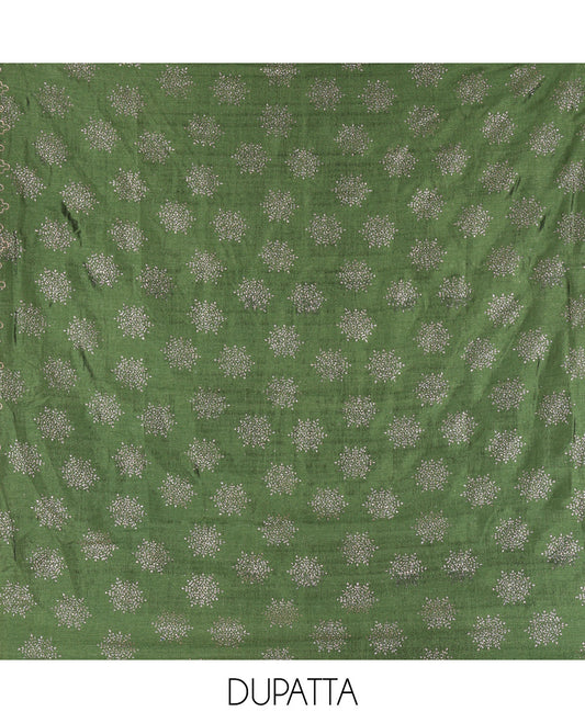 Green Semi-Silk Material Churidar Set, Floral Embroidered Top, a Matching Bottom, and a Scallop Foil Printed Dupatta
