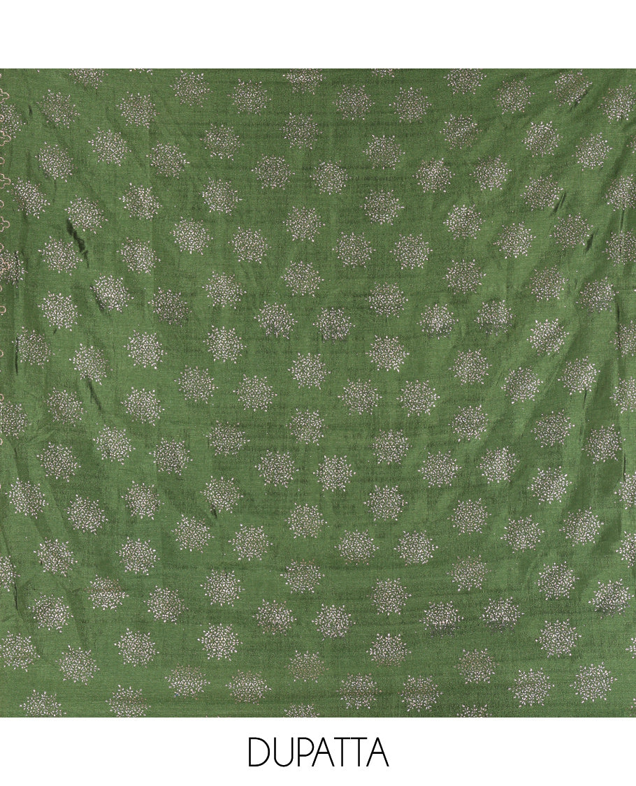 Green Semi-Silk Material Churidar Set, Floral Embroidered Top, a Matching Bottom, and a Scallop Foil Printed Dupatta